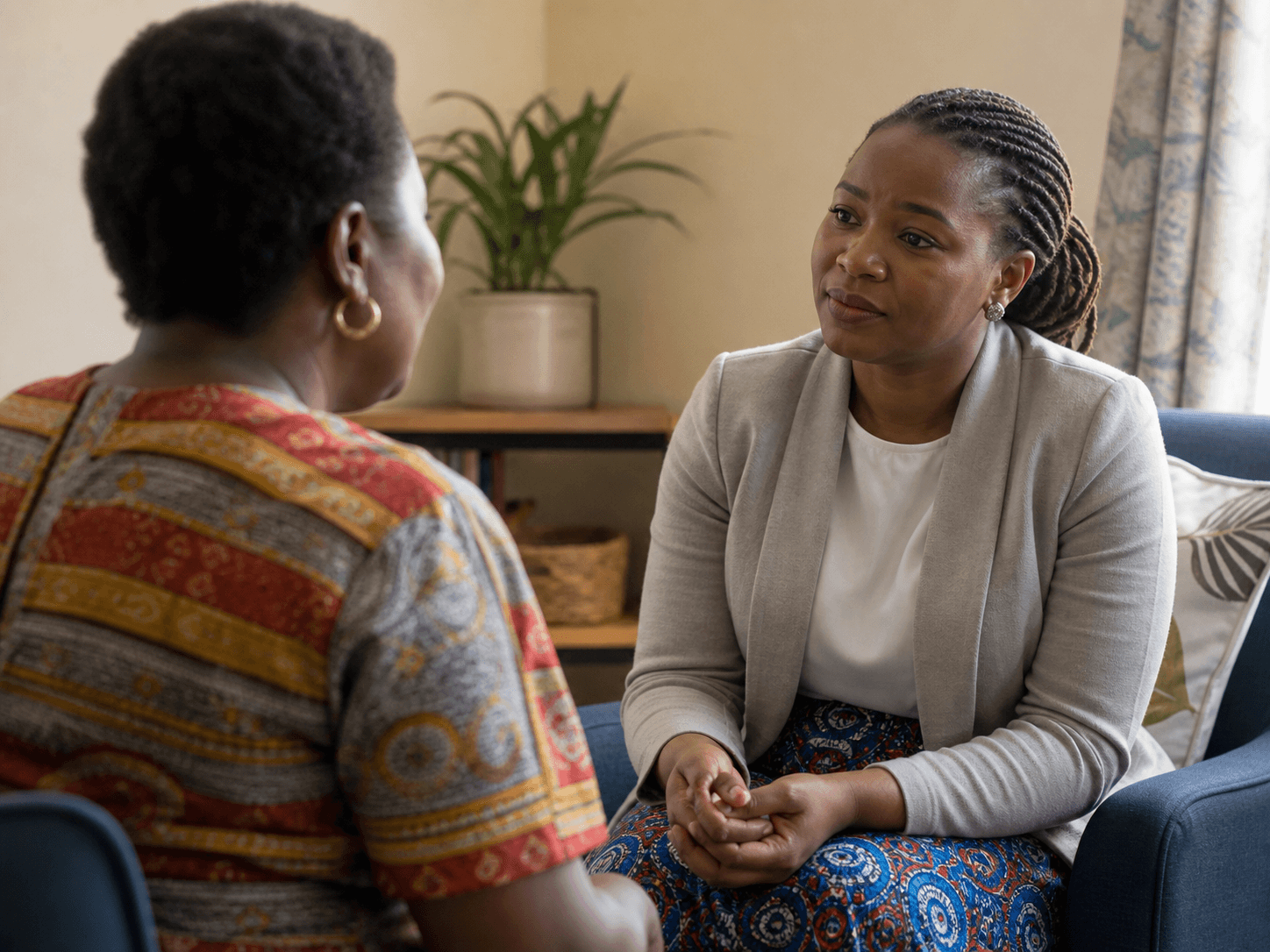 A counsellor listening attentively during a private support session